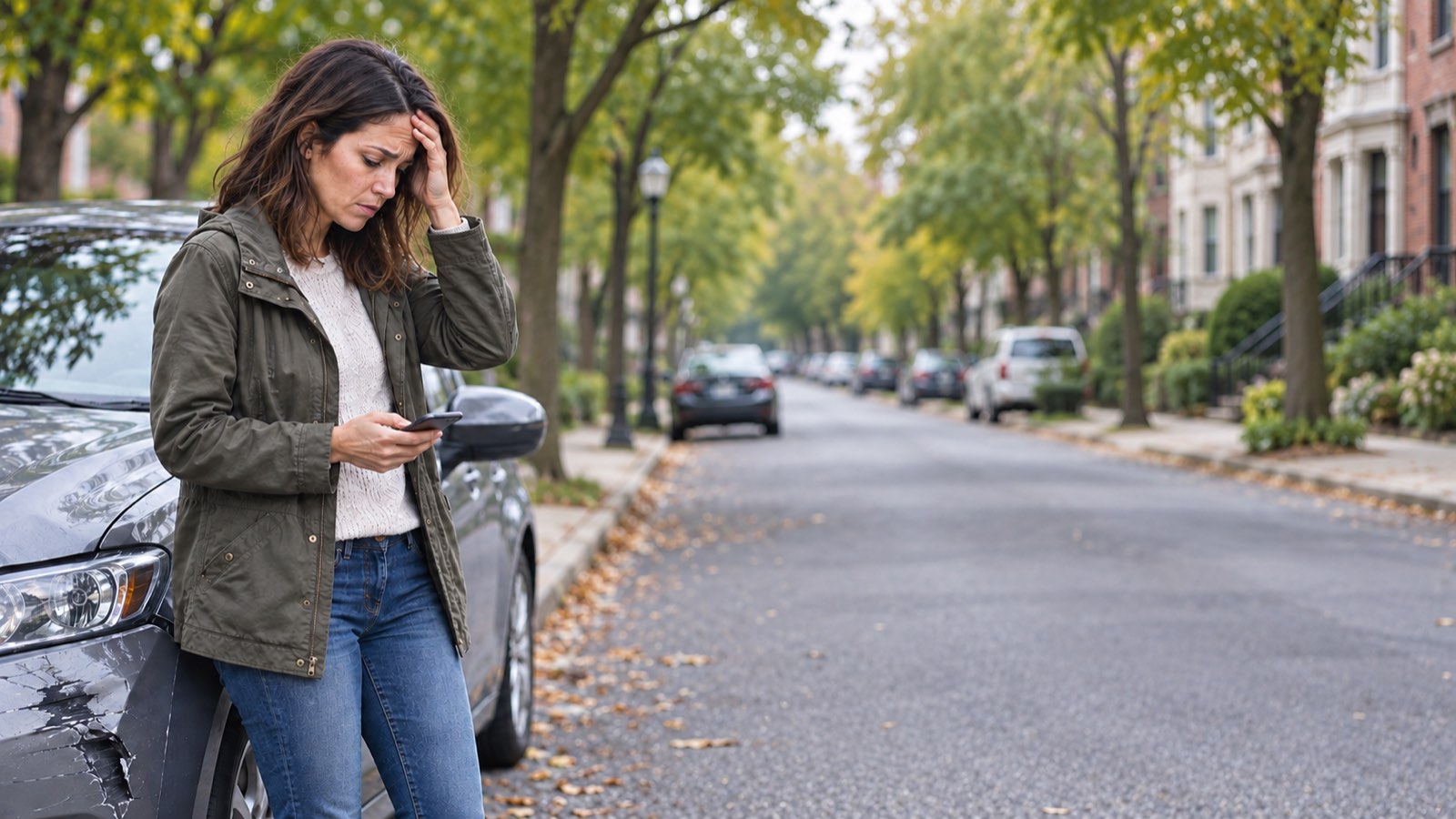 Symbolbild: Eine Frau steht nach einem Unfall mit dem Handy neben ihrem beschädigten Auto.